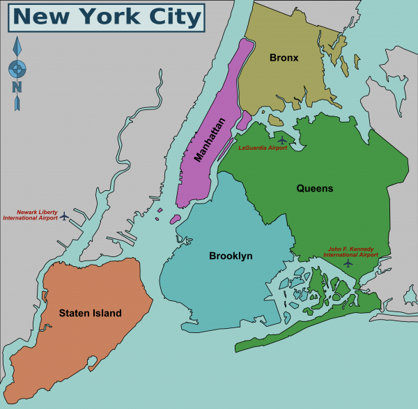 A color-coded map displays Manhattan, Bronx, Queens, Brooklyn, and Staten Island; highlights key statistics and marks major airports’ locations.