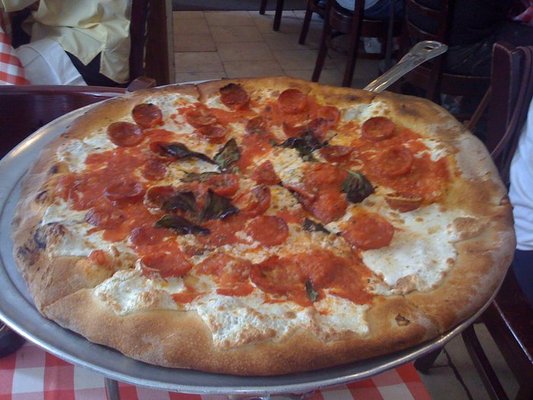 A pepperoni pizza with fresh basil and melted cheese sits on a metal tray atop a red and white checkered tablecloth at Best Pizza in New York.