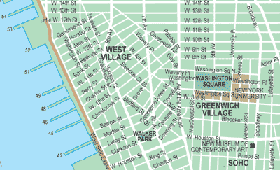 A map shows Manhattan’s West Village and Greenwich Village, highlighting Washington Square Park, New Museum of Contemporary Art, and Hudson River piers.