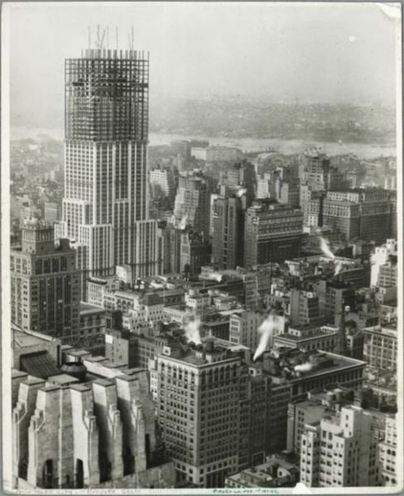 View of the Empire State building being constructed in the 1930s.
