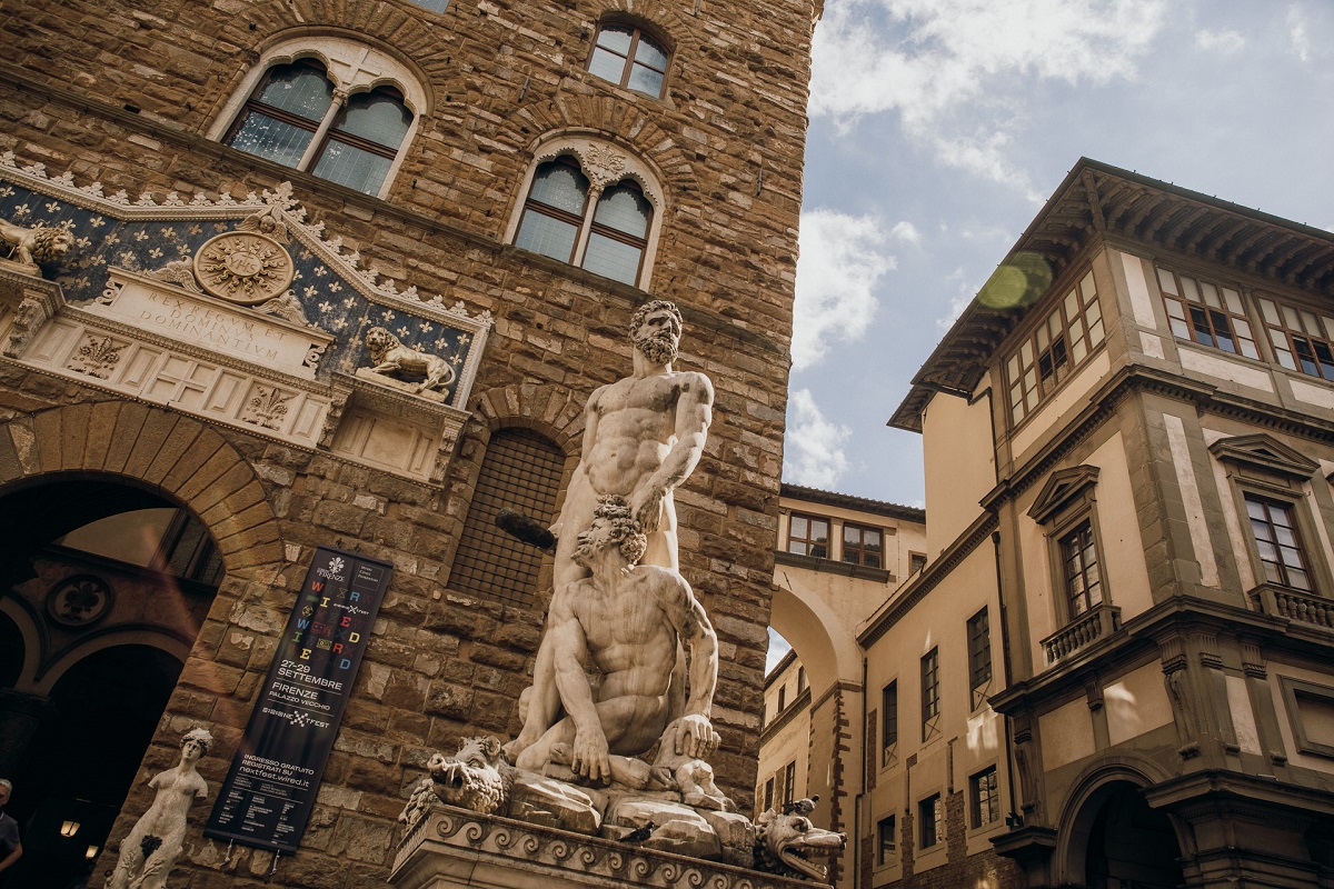 Piazza della Signoria in Florence with the replica of the David Statue and the Uffizi in the background