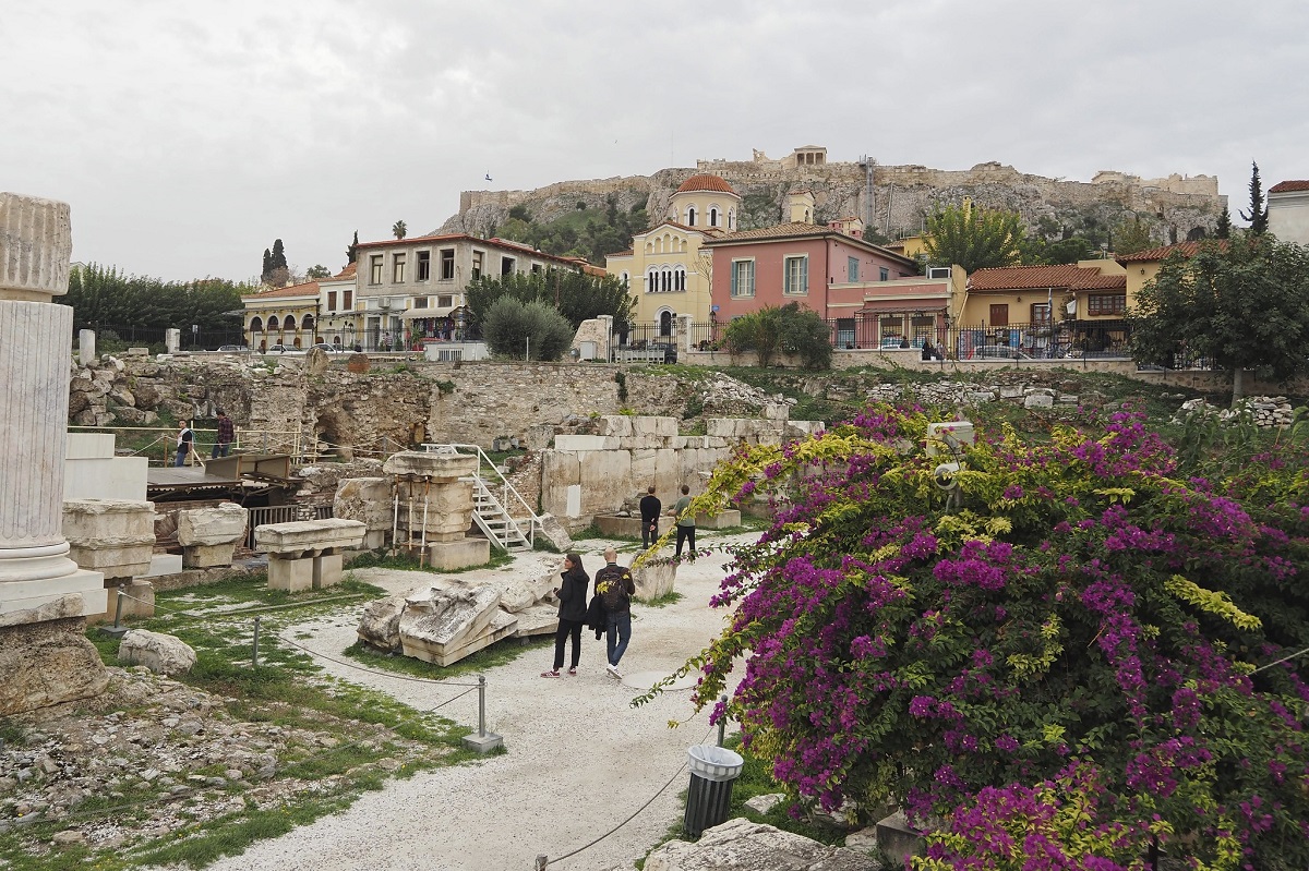 VIsitors walk through Hadrian's Library in Athens, Greece