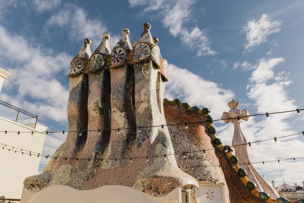 A view of the Casa Batllo roof showing the curves and arches often found in Gaudí's designs.