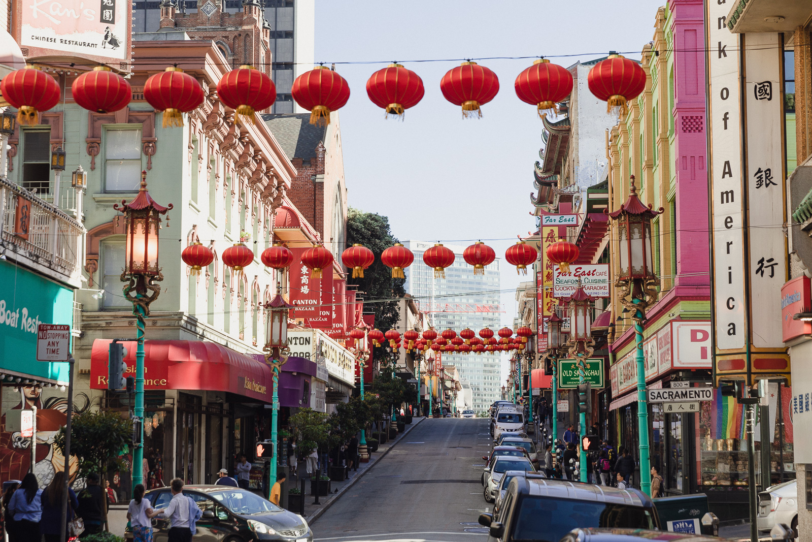 Colorful Chinatown street with paper lanterns in San Francisco's Chinatown