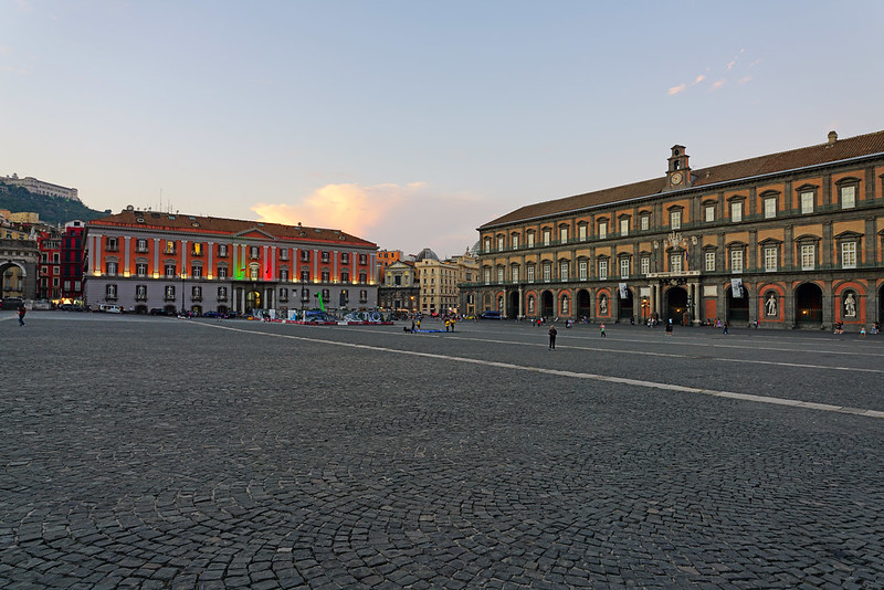 Piazza del Plebiscito at sunset in Naples, Italy