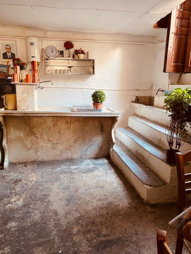 A view of the steep steps leading inside the Athens-based restaurant, Diporto.