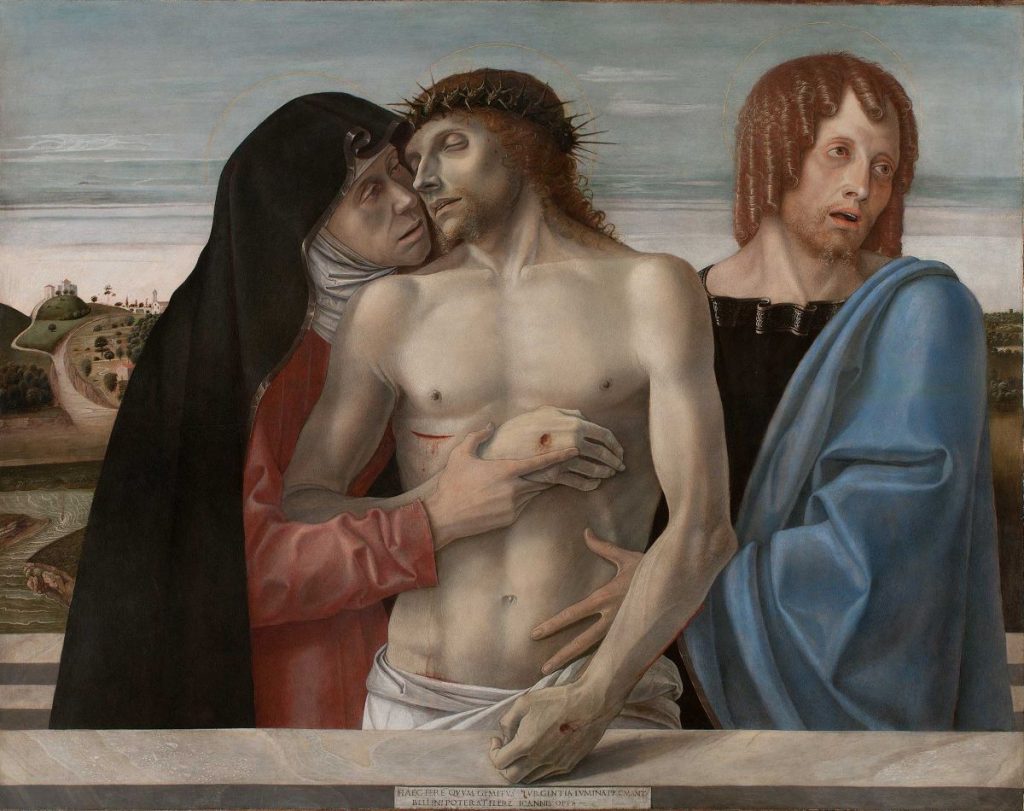 At the Pinacoteca di Brera in Milan, Jesus wears a crown of thorns as two grieving figures comfort him before a calm landscape.