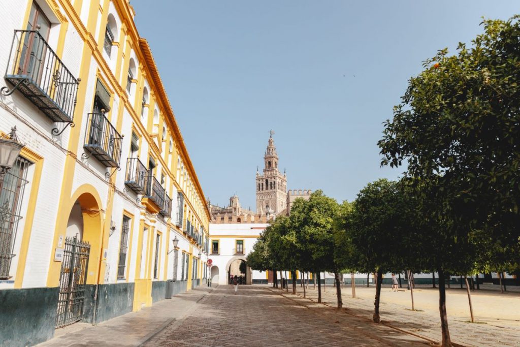 A view of Seville with views of an entrance to the Alcazar.