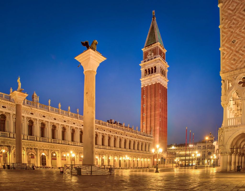 A view of St. Mark's square in Venice at night.