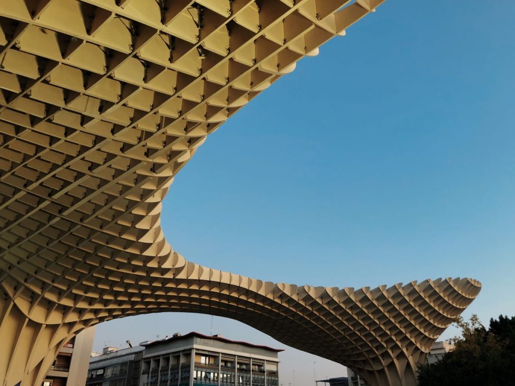 A view of the "Mushroom of Sevilla" (Metropol Parasol) displaying its distinctive organic shape.