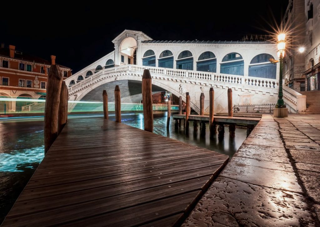 Empty streets of Venice, Italy at night.