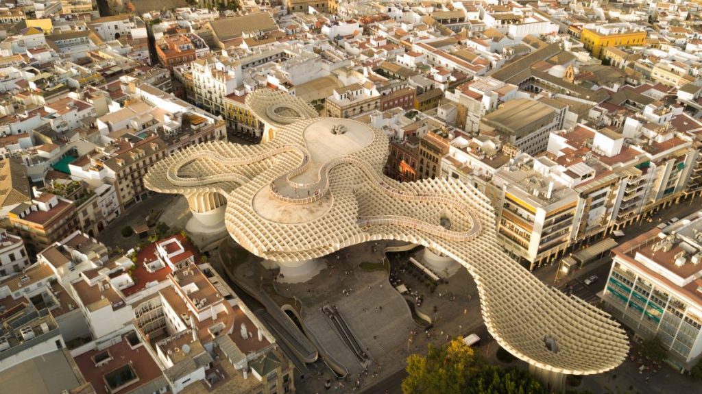 An aerial view of the Seville and the Metropol Parasol, colloquially known by locals as Las Setas.