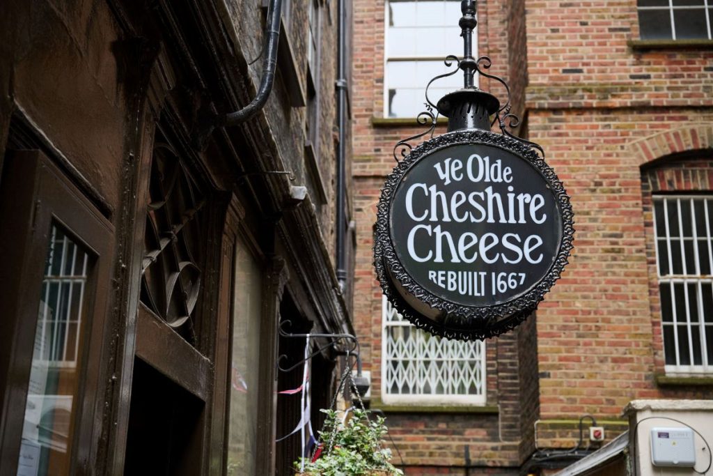 The sign hanging outside Ye Olde Cheshire Cheese in London