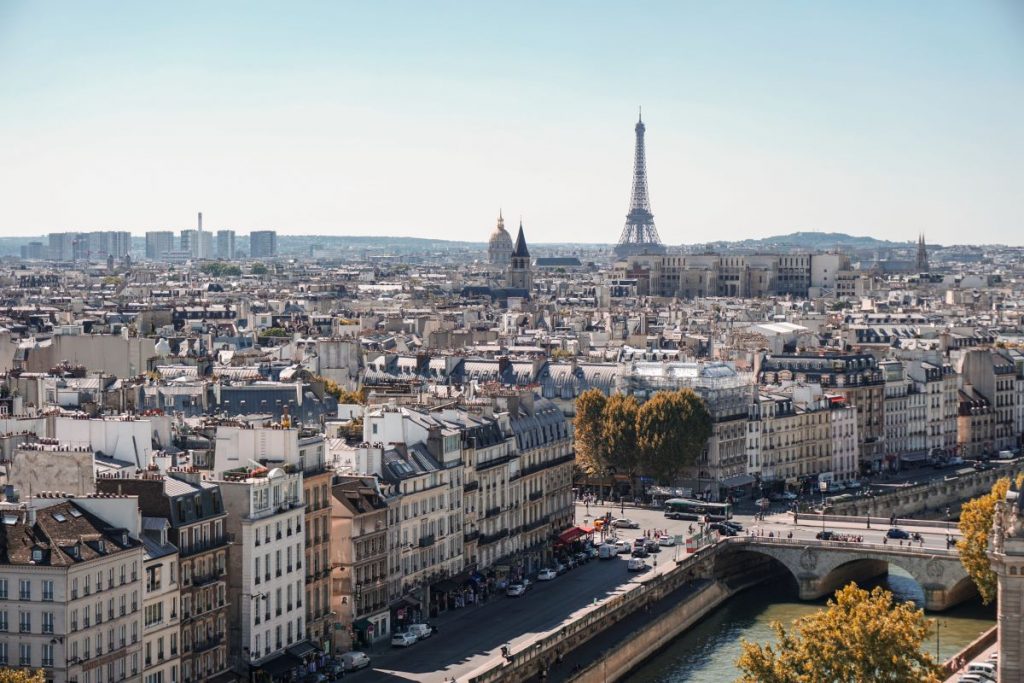 A view of the city of Paris, with the Eiffel Tower in sight