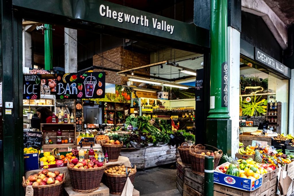 A produce stand in the Borough Market, London