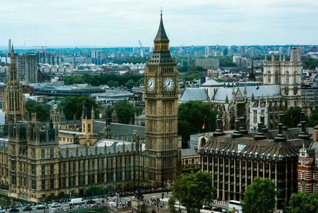 An aerial view of London, showing the Big Ben (Westminster)