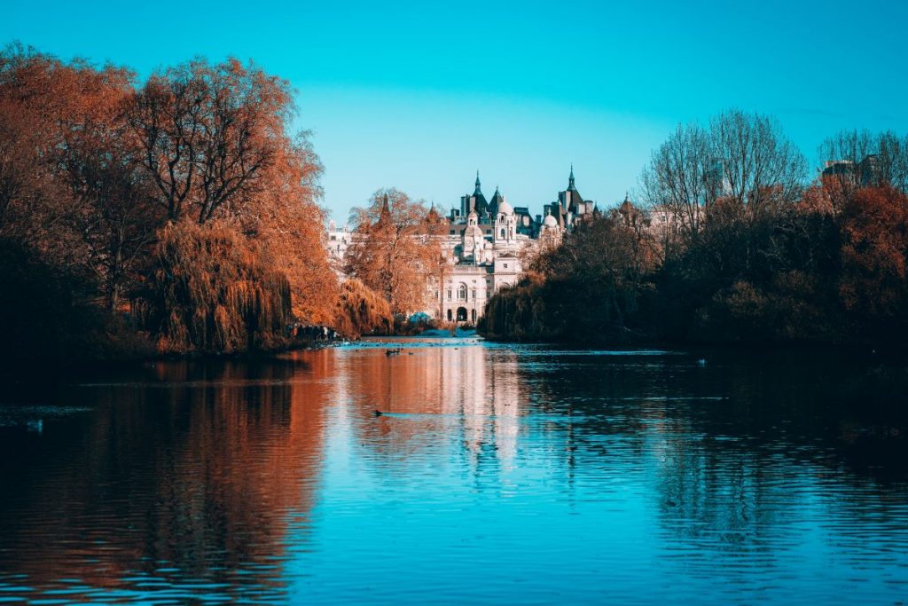 A calm lake reflects orange autumn trees and the spires of the Royal Albert Hall in London on a clear day.