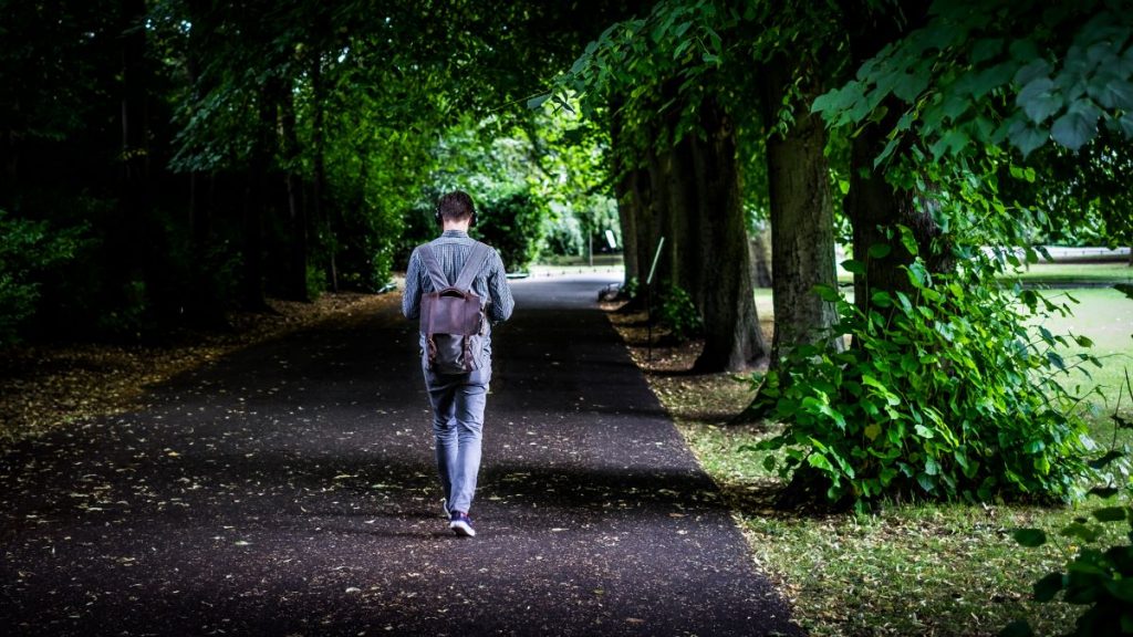 man walking through a park