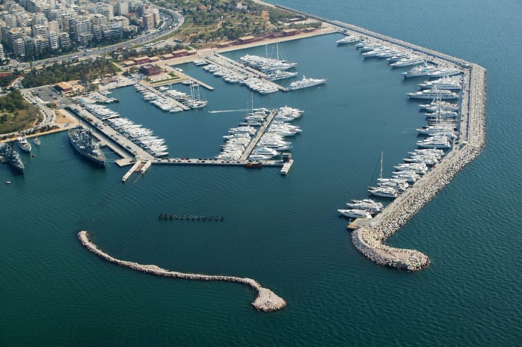 An aerial view of a marina