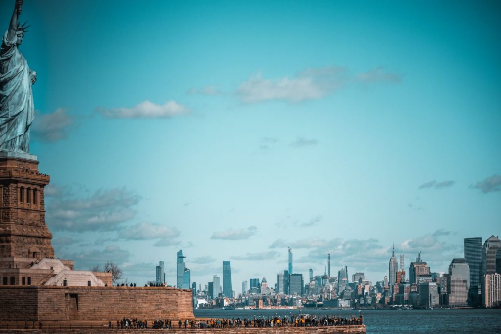 Statue of Liberty with the Manhattan skyline in the background