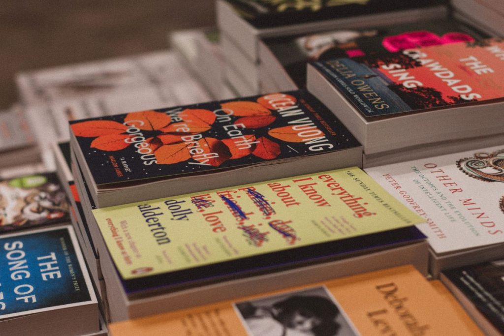 books sitting on a table