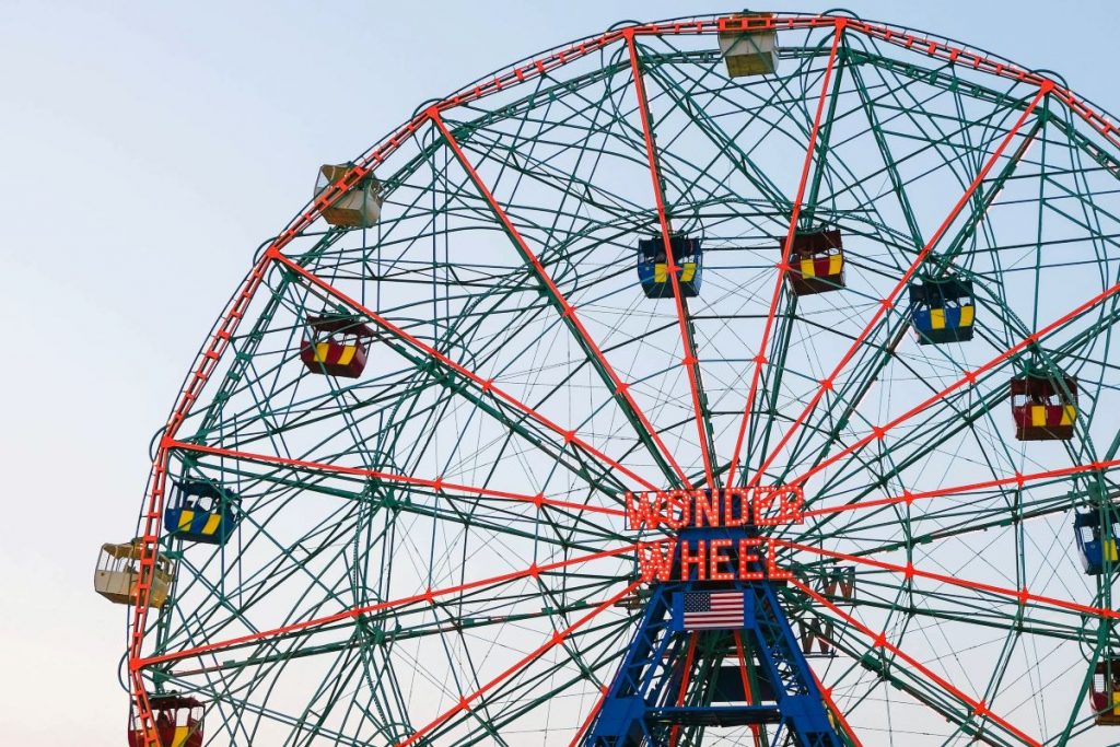 A ferris wheel lit up