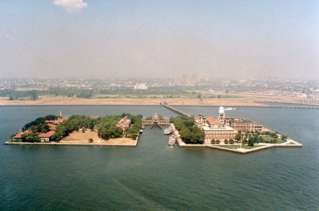 An aerial view of Ellis Island