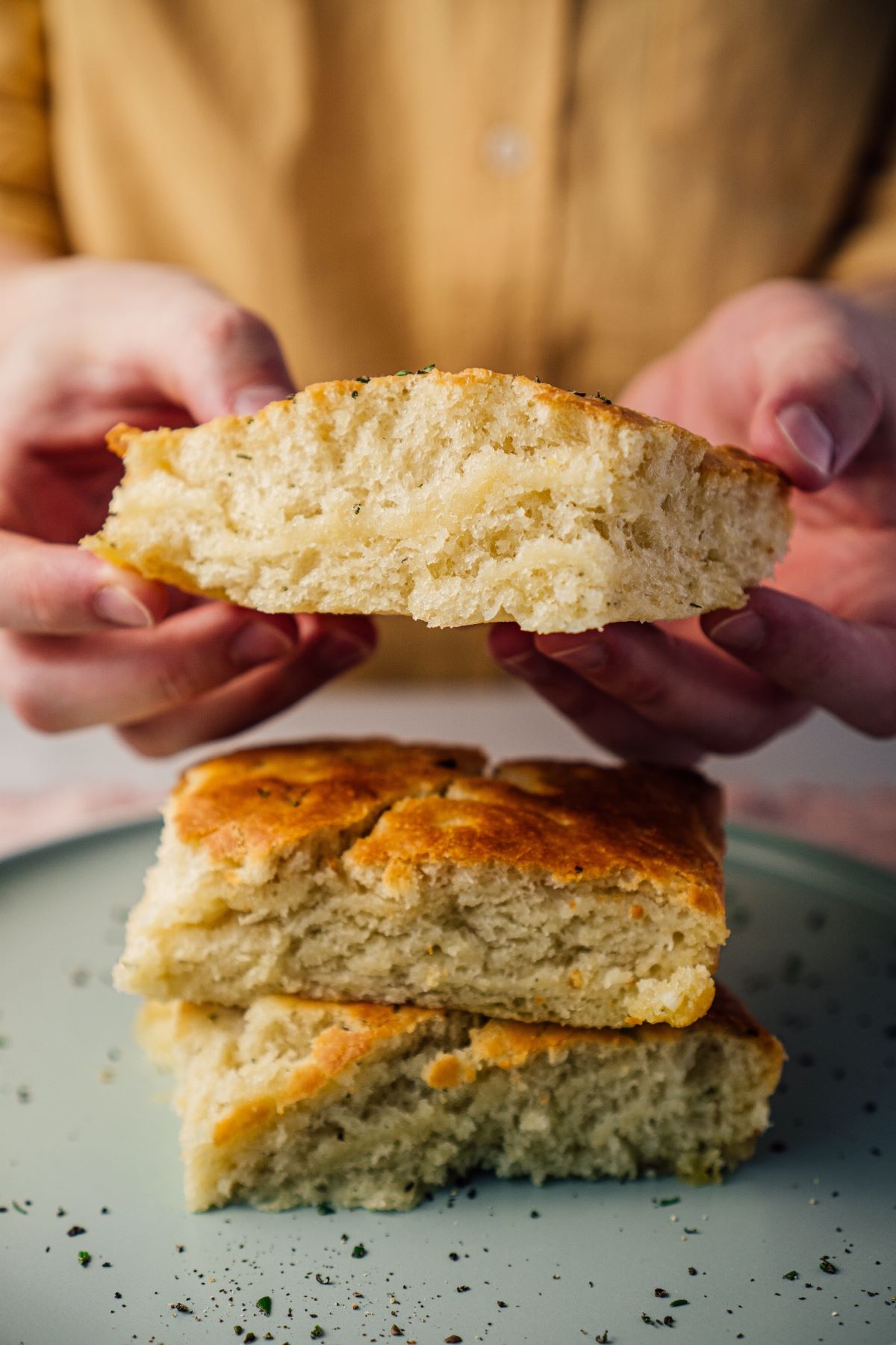Closeup of spongy focaccia.