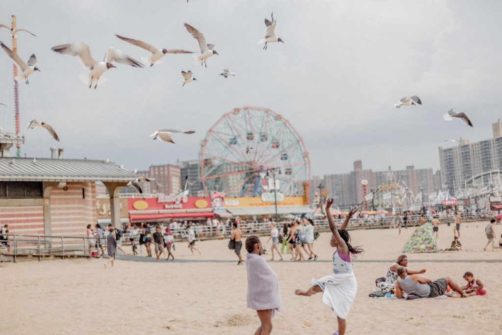 beach with people and seagulls