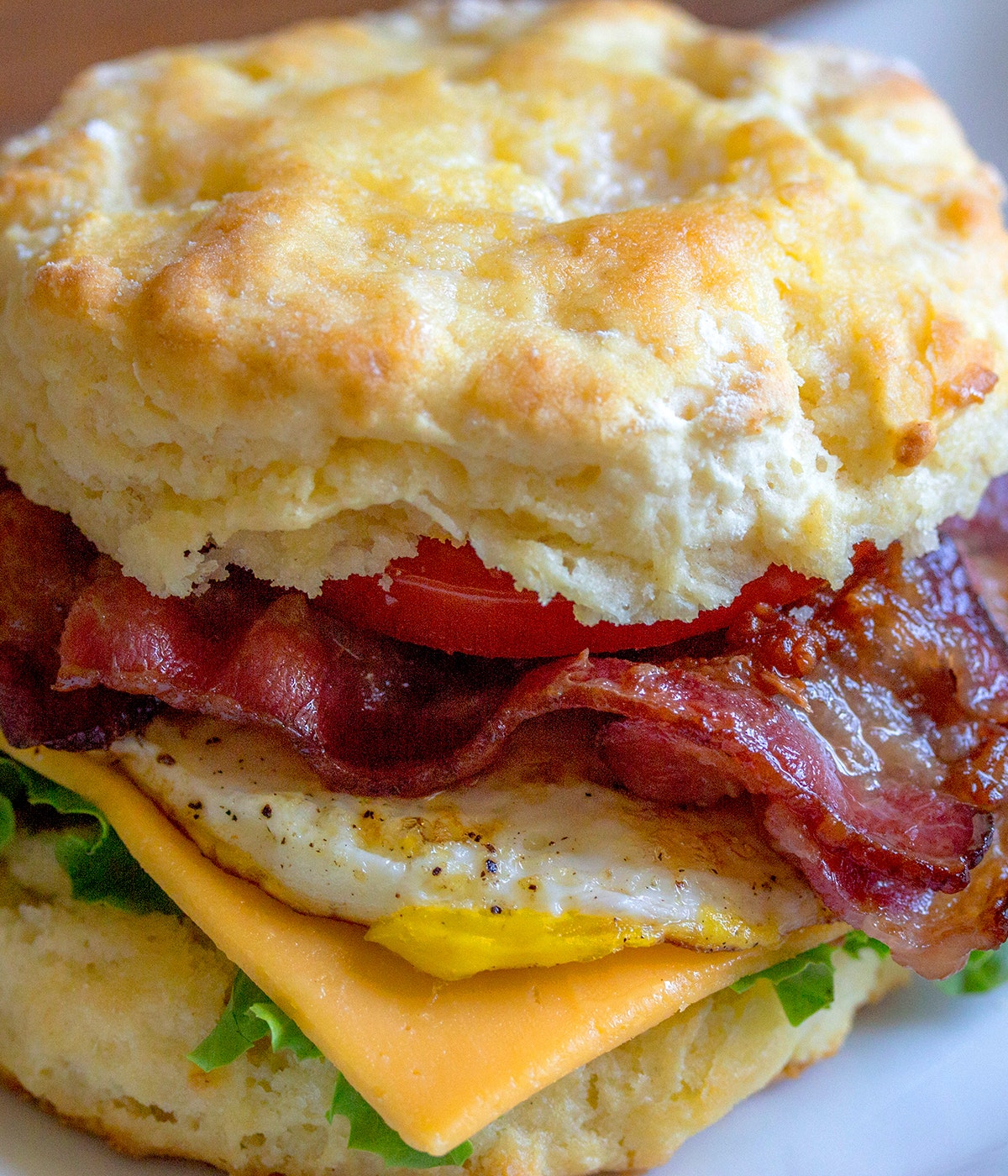 Closeup of breakfast sandwich with bacon, egg, cheese, and tomato.