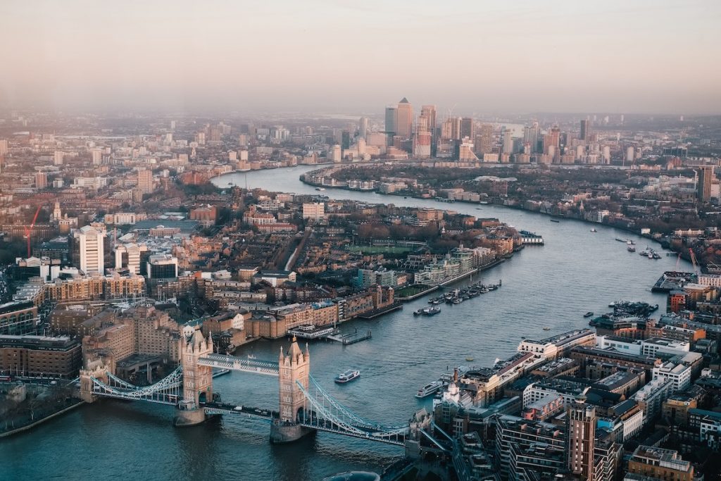 Aerial view of London and Tower Bridge architecture