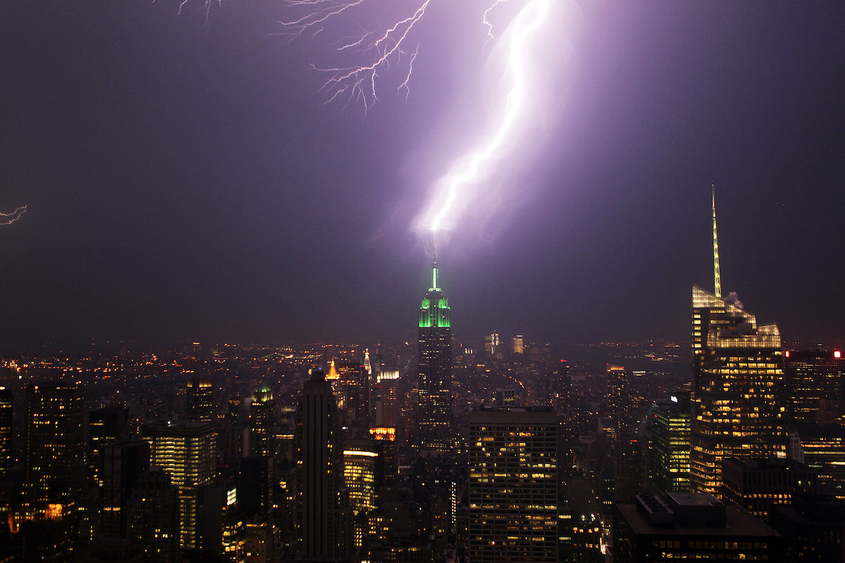 Lightning strikes the Empire State Building during night