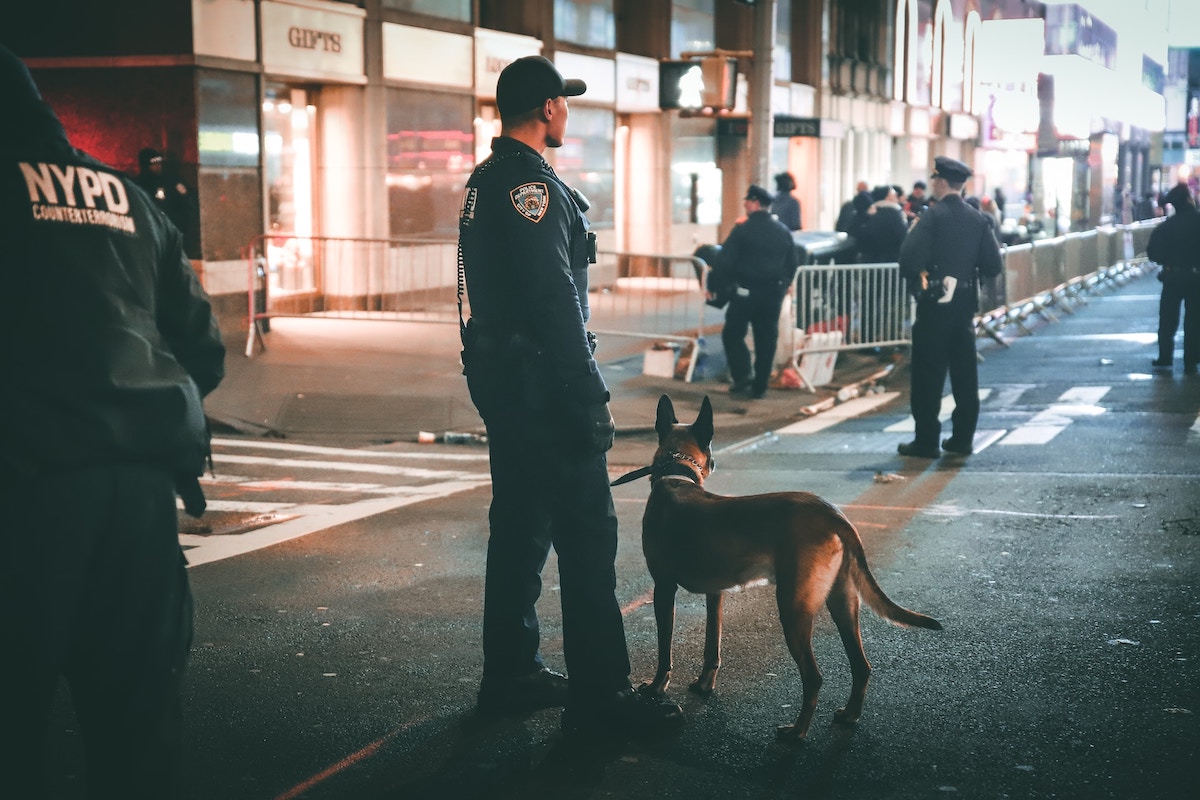 NYPD police officer with a dog keeping NYC safe