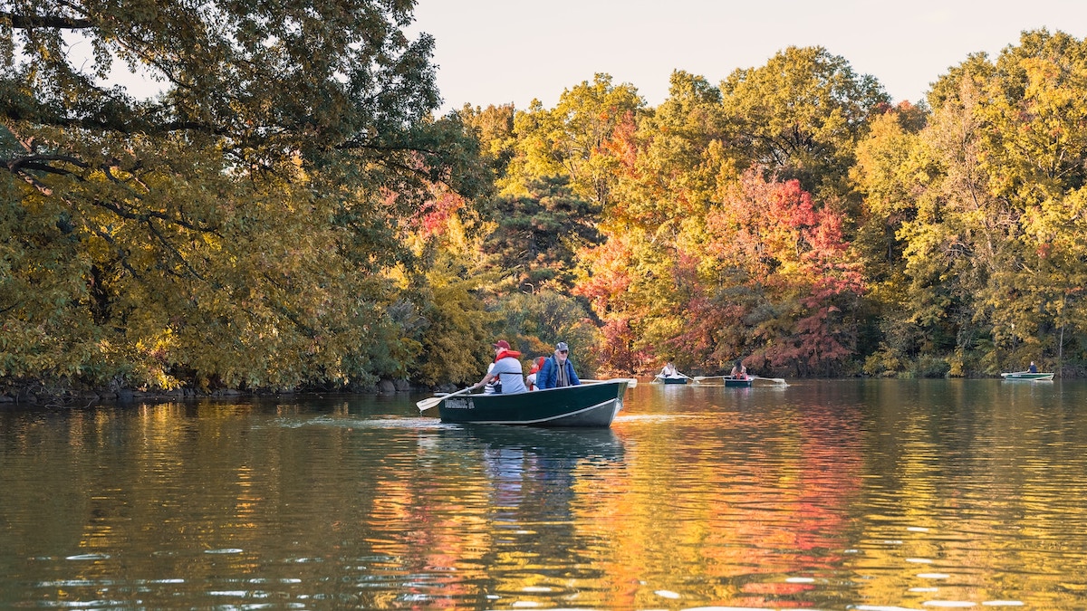 Central Park's Lake with boats during autumn