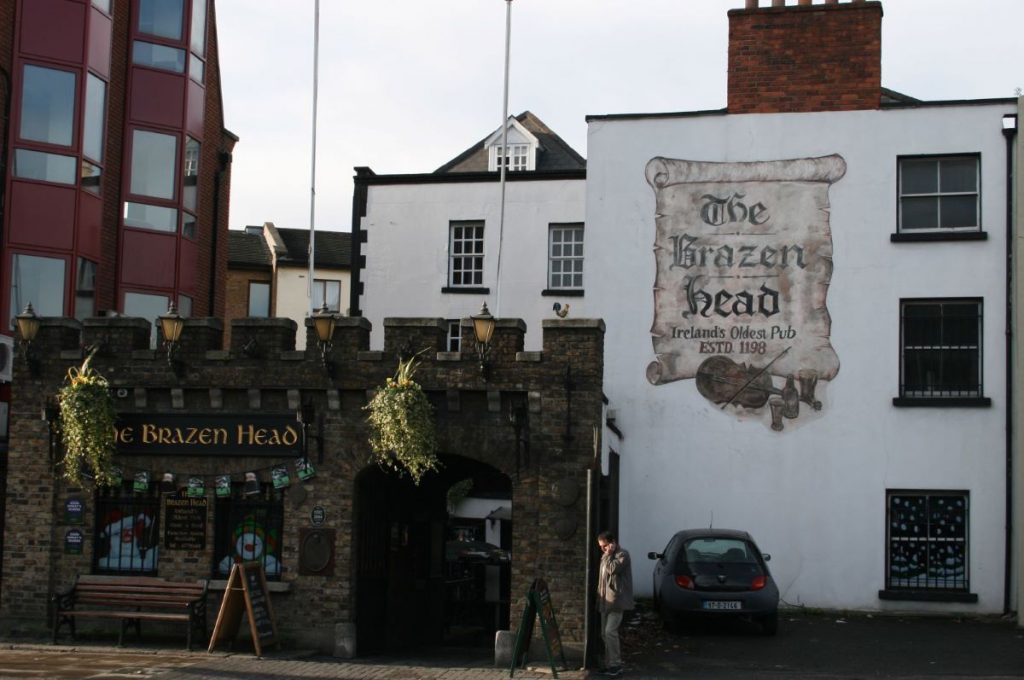 Street view of The Brazen Head, a pub with the best Guinness in Dublin. 