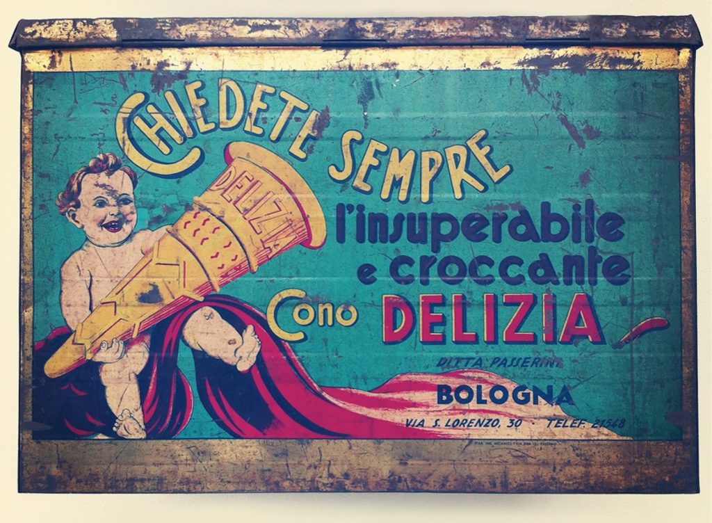 An old gelato sign found inside the Gelato Museum Carpigiani in Bologna