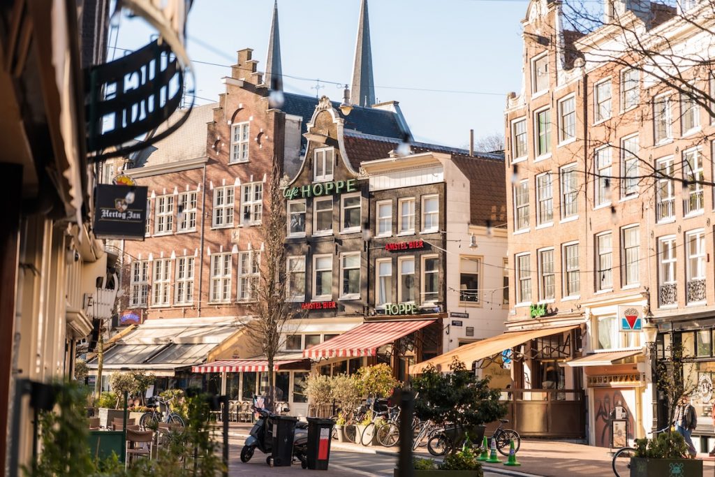 Dutch brown cafes on a road in Amsterdam