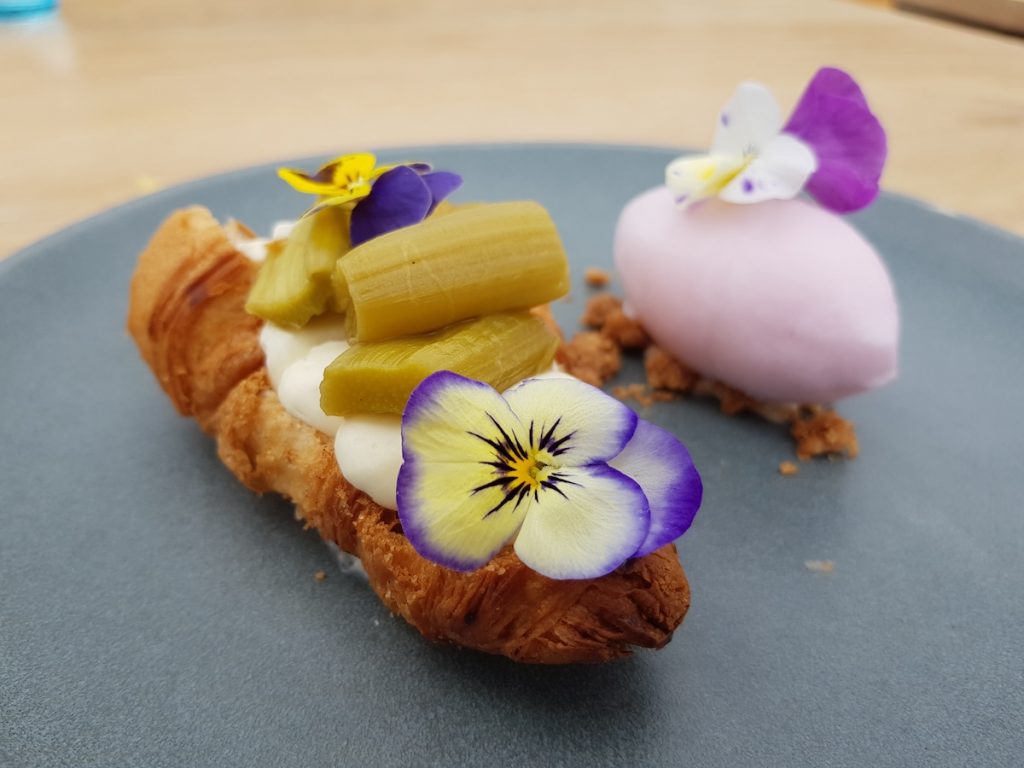 croissant with rhubard and edible flowers