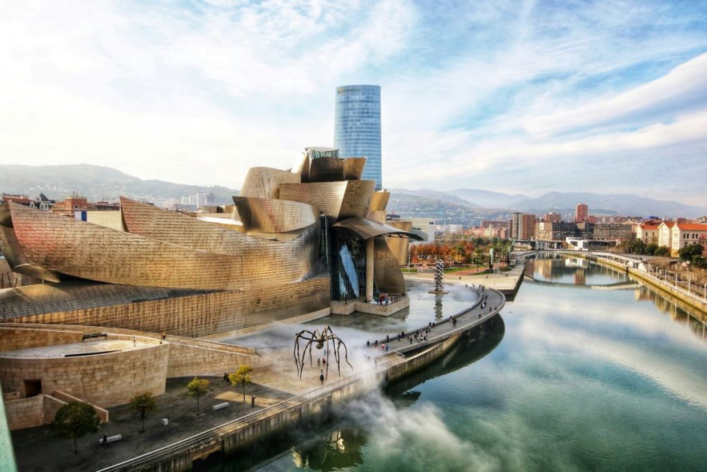 Ariel view of Bilbao near the Guggenheim and a river. 