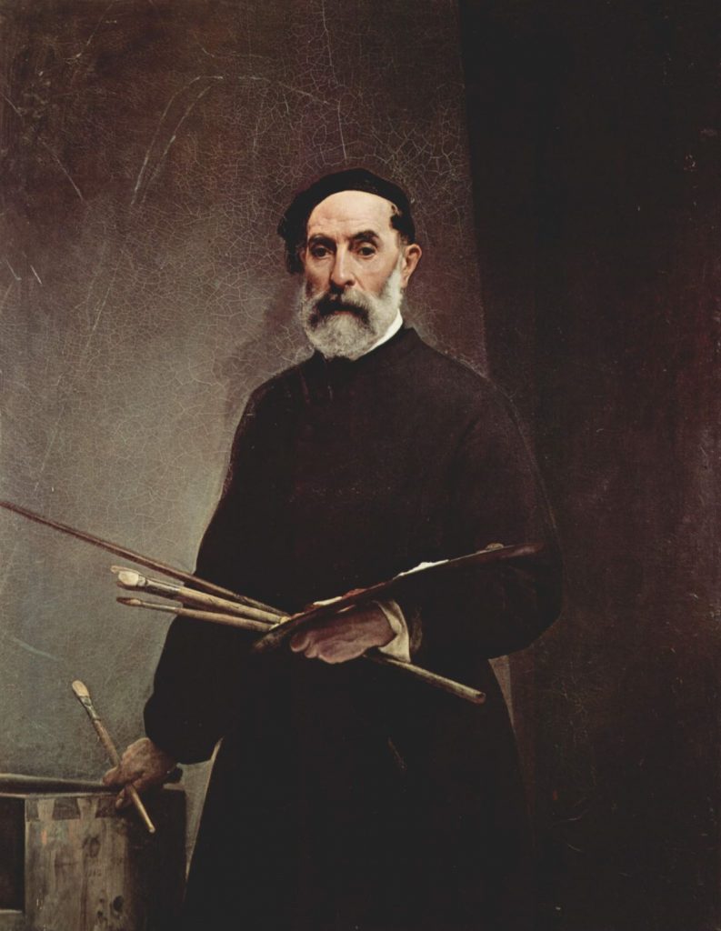 A bearded man holding paintbrushes and a palette stands in Pinacoteca di Brera, Milan, thoughtfully contemplating his next artistic creation.
