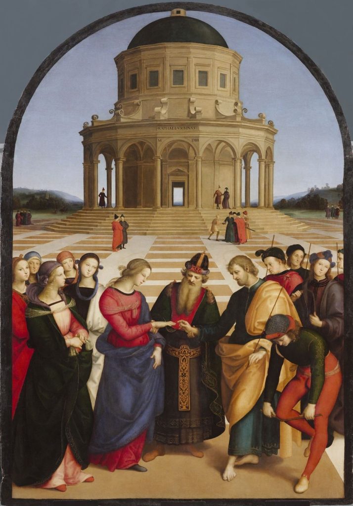 Several people in colorful robes gather around a bearded man officiating a wedding at the Piazza del Tempio, Pinacoteca di Brera.