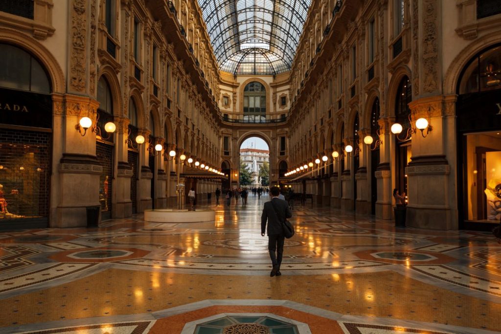 A visitor walks through Galleria Vittorio Emanuele II in Milan, admiring its arched glass ceiling and elegant illuminated shops.