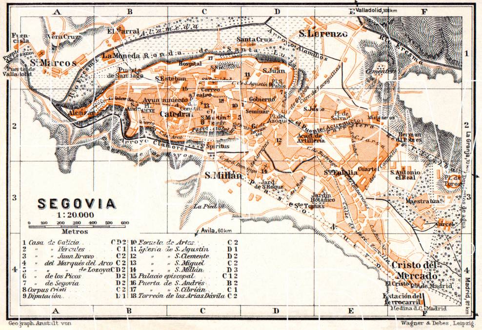 A vintage map shows Segovia, Spain, detailing city areas, the Alcazar, roads, rivers, elevations, and a legend with scale.